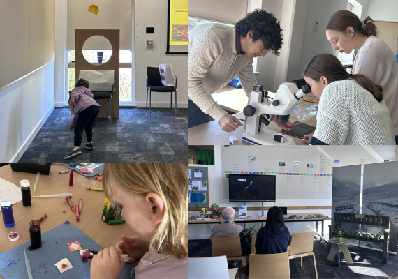 Collage of Cambridge Festival activities, including children taking part in hands-on experiments, people using a microscope, and visitors engaging with interactive displays.